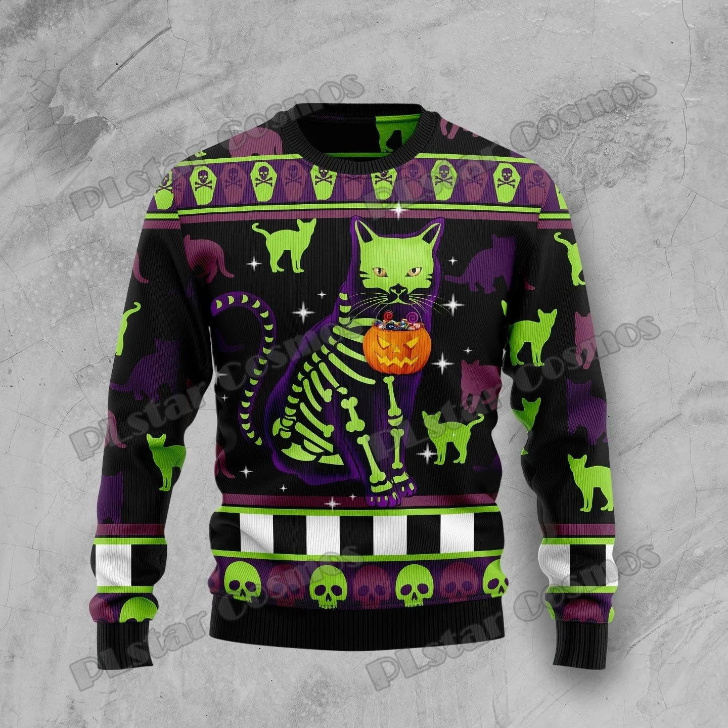 PLstar Cosmos Cat Pumpkin Halloween 3D Printed Mens Ugly Christmas Sweater Unisex Casual Knitted Pullover Sweater ZZM24 240829