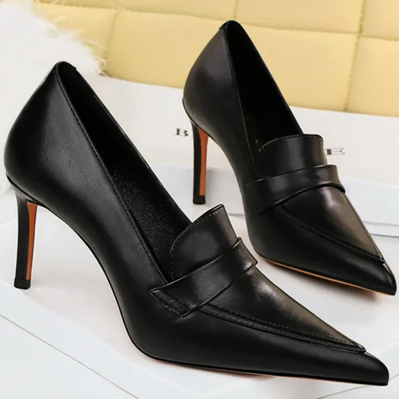 Elegant Womens 8cm High Heels Wedding Pump Bridal Classic Pu Leather Retro Slippers Womens Brown Black Office Shoes 240827