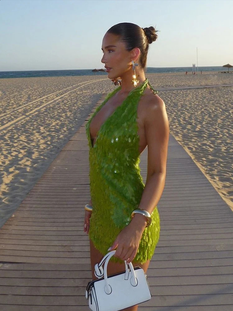 Green Sequin Backless Mini Dress Women Sexy Halter Deep V-neck Sleeveless Party Short Dresses Lady Evening Clubwear 240828