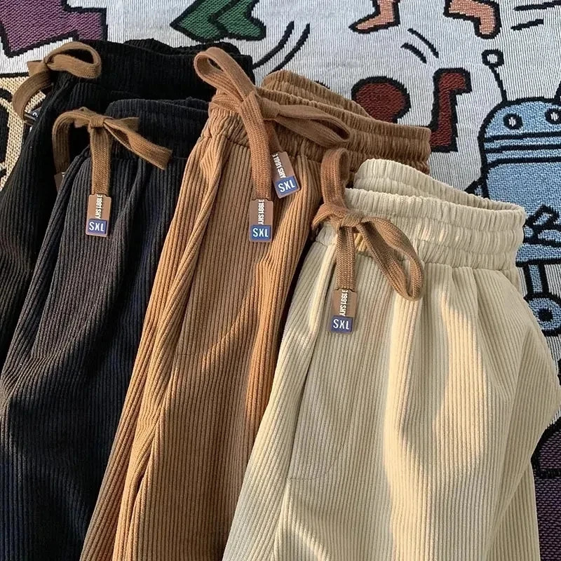 Autumn Fashion Women Corduroy Sweatpants Bf High Waist Drawcord Korean Solid Casual Wide Leg Pants Winter Warm Straight Trousers 240829 - view 3