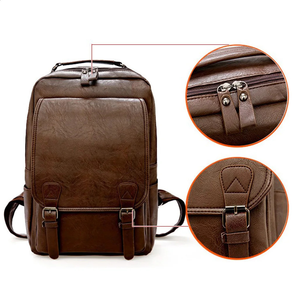 Large Capacity Laptop Backpack Men Casual Fashion Bags For Men Retro Zipper PU Leather Backpacks Male Travel Waterproof Bag Man 240829