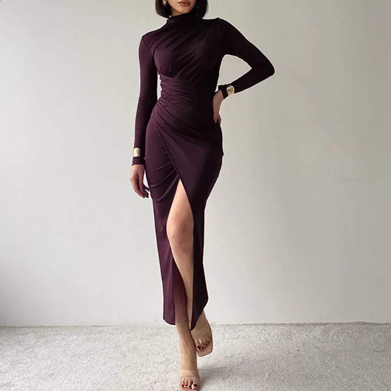 Elegant Tight Cocktail Party Dress Womens Solid High Resolution Long Autumn Half Neck Formal Occasion 240828