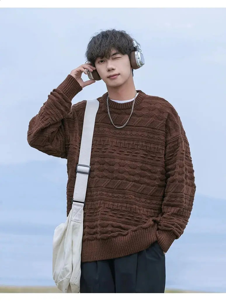 Retro striped soft latte sweater mens couple pattern autumn winter Japanese loose lazy style knitted warm sweater 240829
