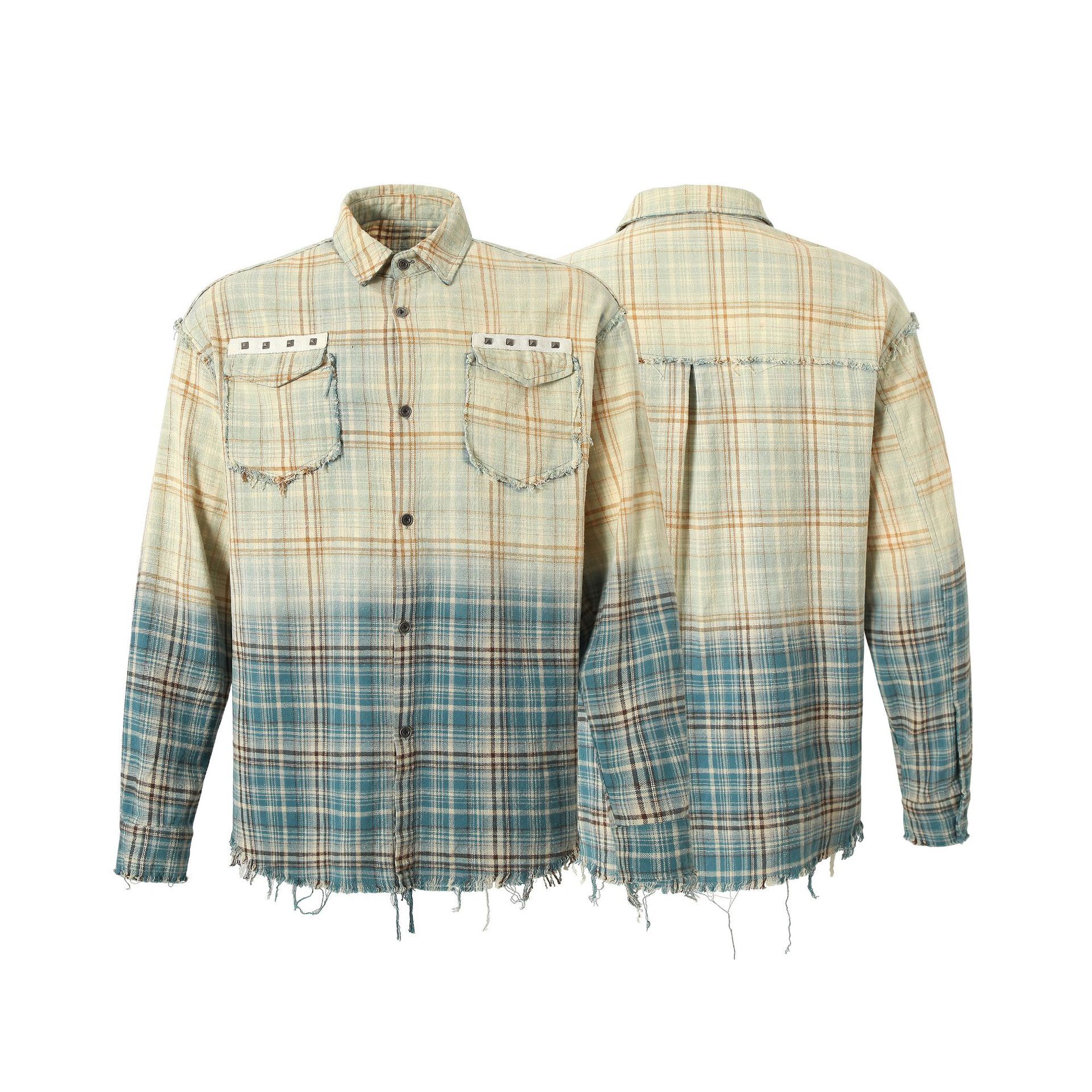 American Plaid Gradient Casual Long Sleeved Shirt for Men and Women Worn Hem Couple Jacket Jacket
