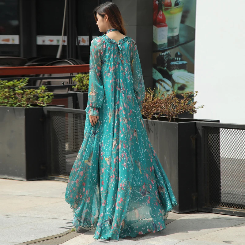 Chiffon Long Sleeve Printed Dress Bohemian Plus Womens Beach Party Garden Elegant Vestdos Robe 240828