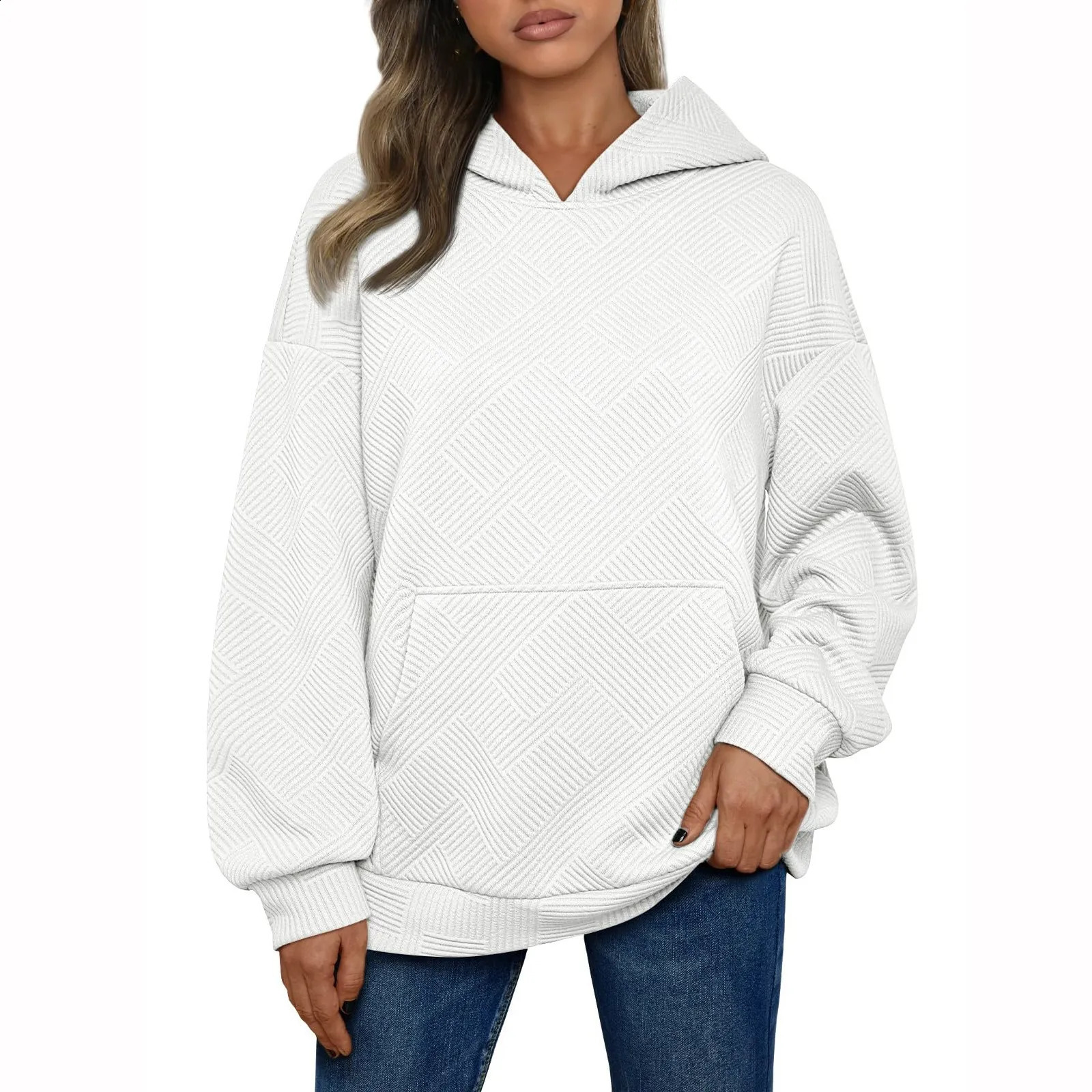 SpringAutumn Womens Solid Pull off Oversized Sportswear Fashion Clothing with Pocket Loose Top 240827