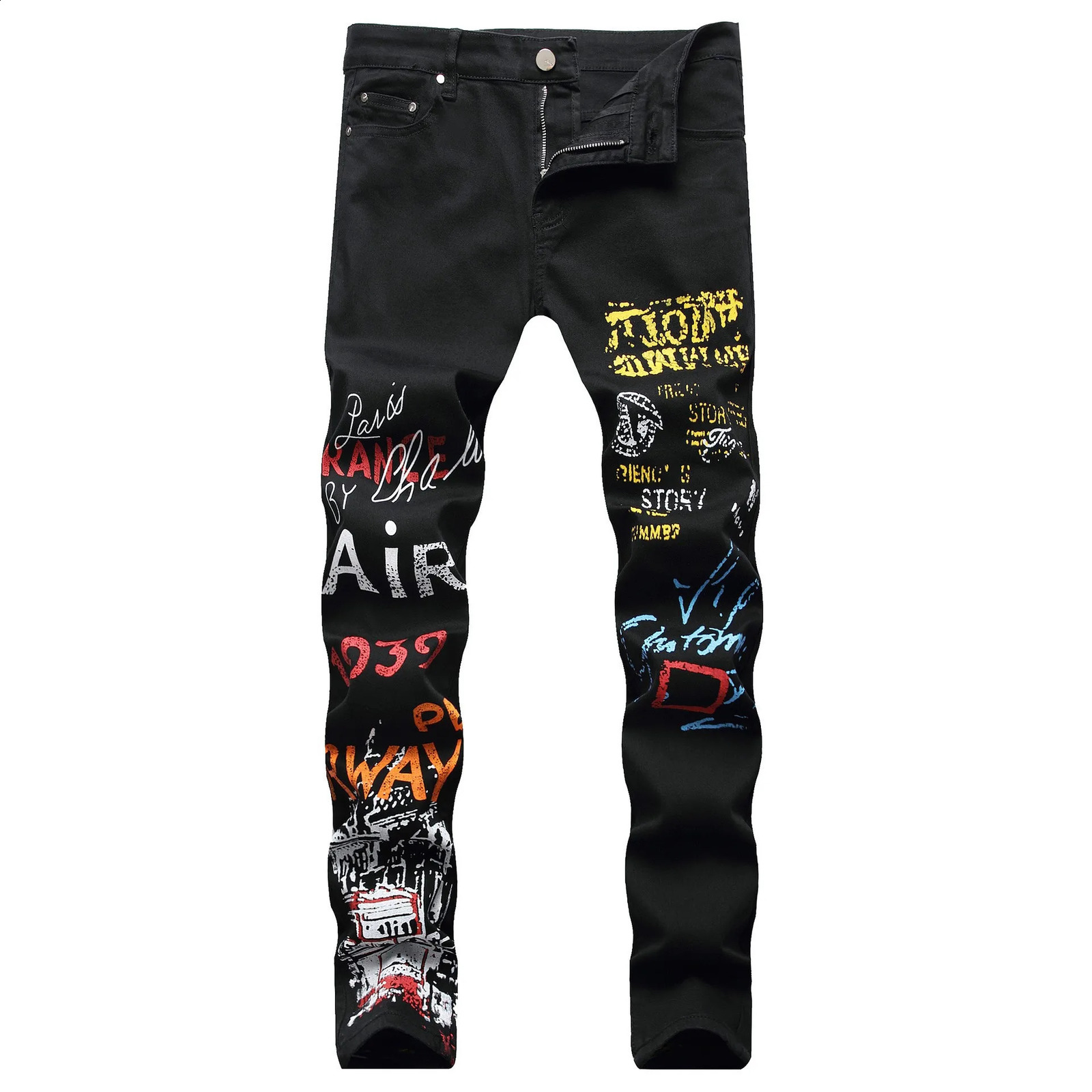 Mens fashion letter flame black printed jeans ultra-thin straight color painted elastic pants 240829