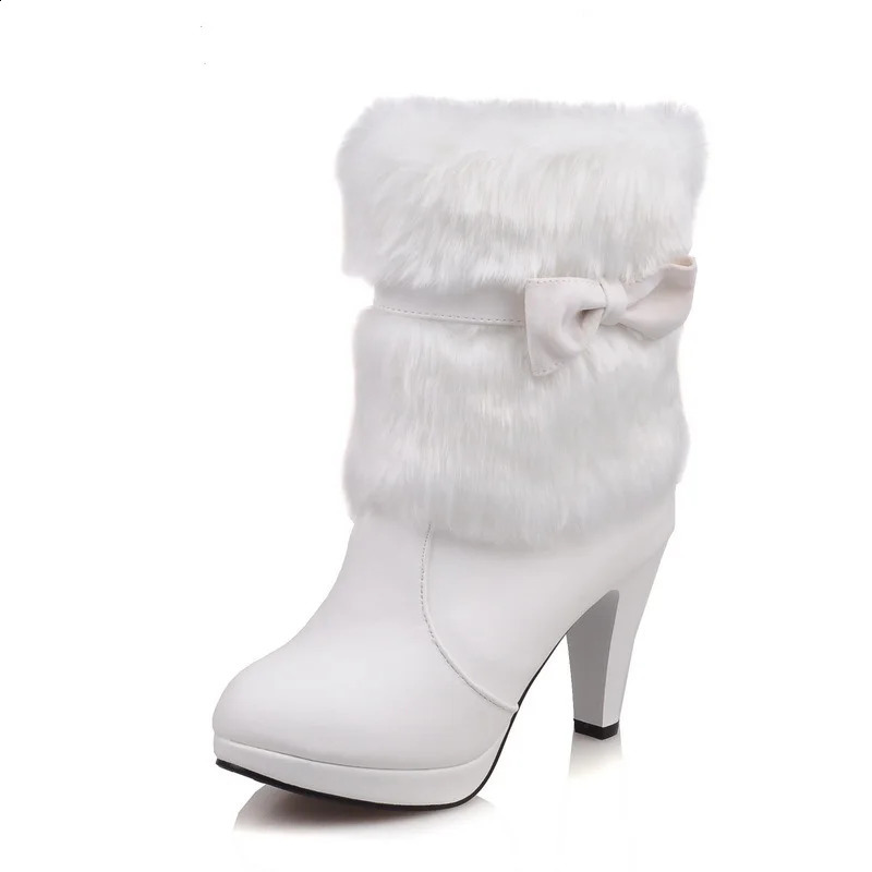 Womens boots autumn and winter warm fur sexy fashion Pu mid-range motorcycle snow boots black pink white high heels 369 240827