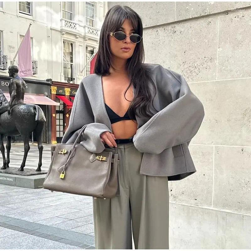 Women's Jackets Elegant Straight Cut Wool Jacket Women Fashion V Neck Single Breasted Short Coat 2024 Autumn Chic Lady Office Street
