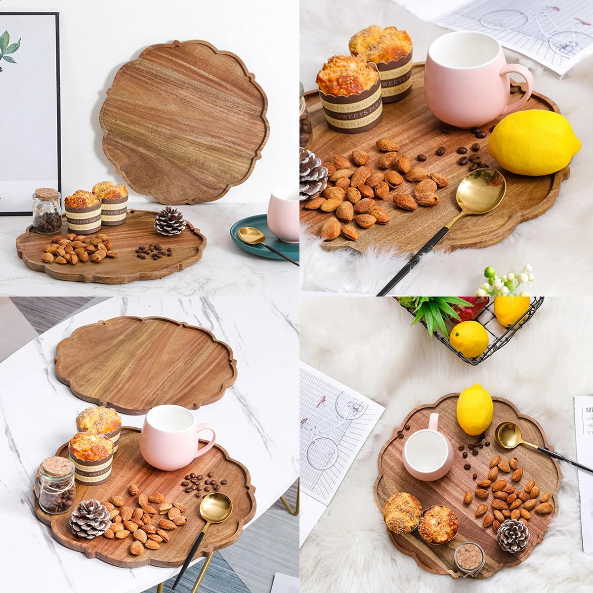 Serving tray flower shaped wooden serving trays snack tray breakfast tray food serving tray storage tray 240828