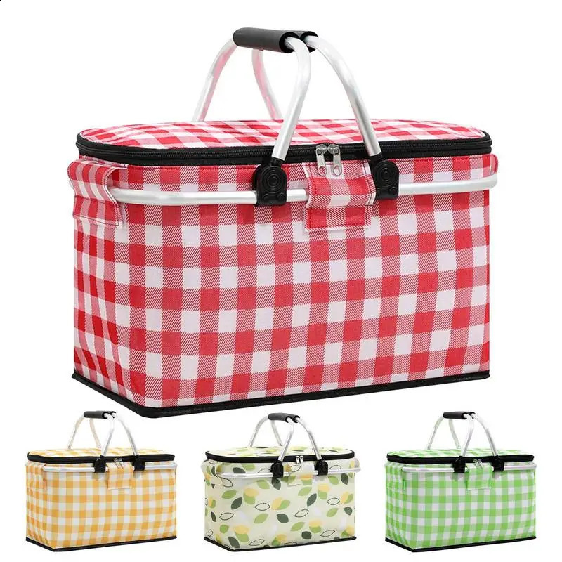 Folding insulated picnic basket lunch bag beach cooler leak proof portable camping large capacity n 240828