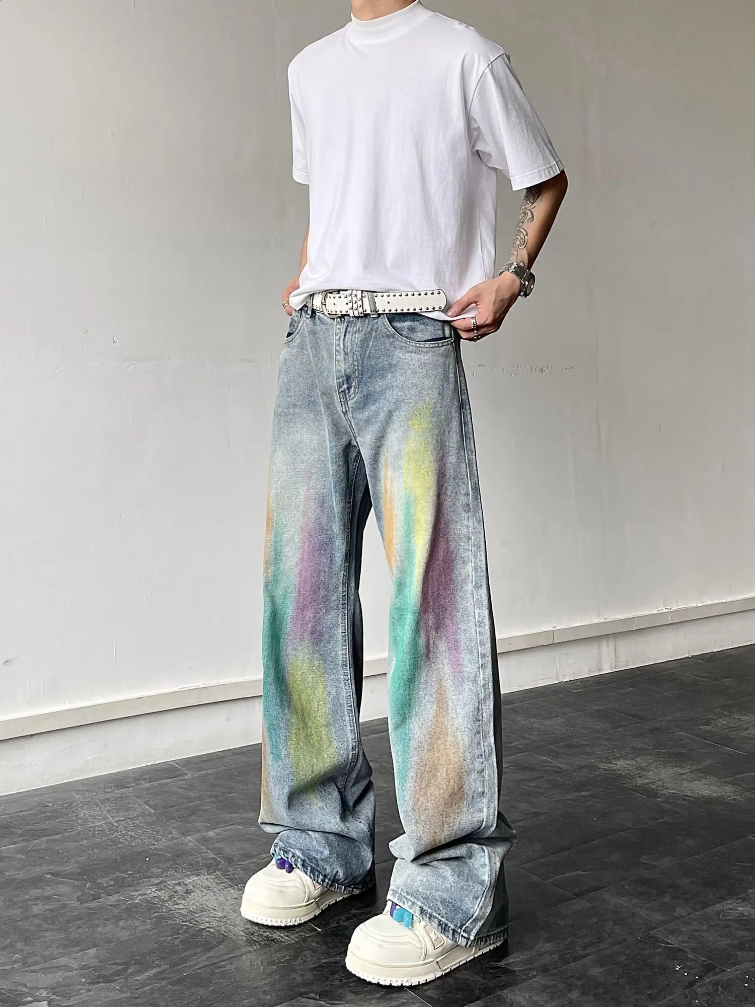 BLACKLISTS American Rainbow Graffiti n Feel Jeans Mens Trendy Loose Straight Pants 240829