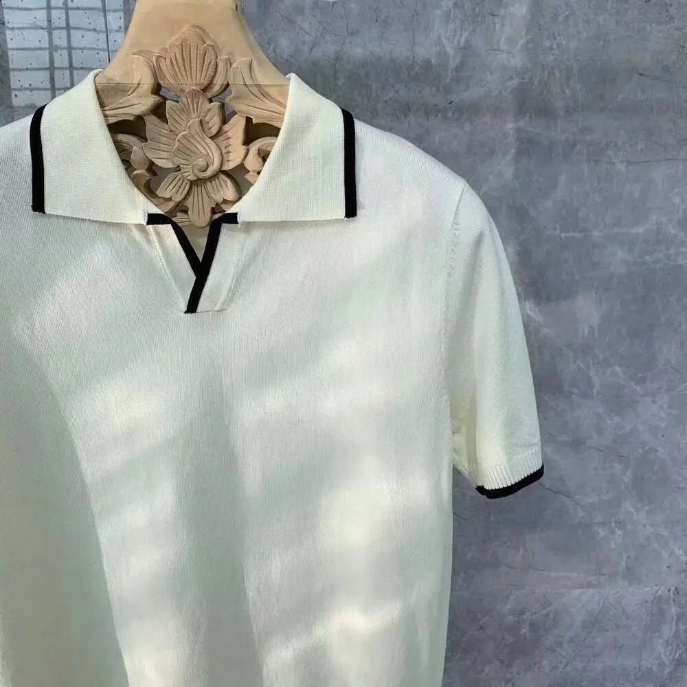 Mens Fashion Summer Knitted Polo Shirt Soil Vneck Black and White Neck Short Sleeve Clothing 240828