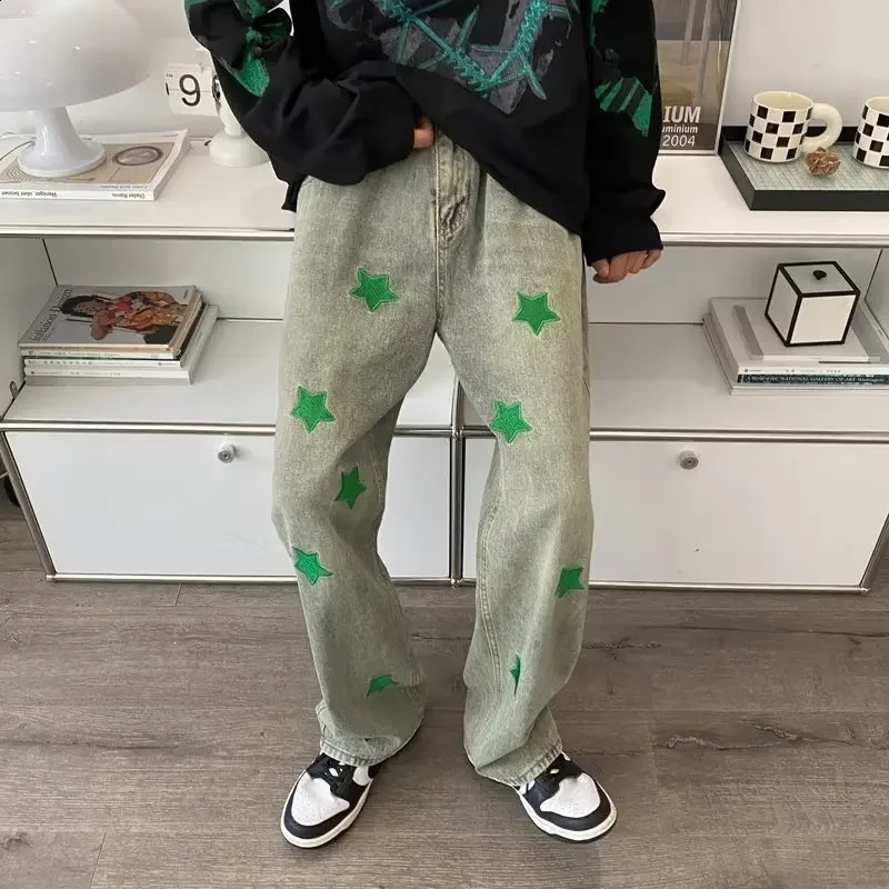 Fashionable retro washed green star embroidered full letter jeans American style straight leg casual pants 240829