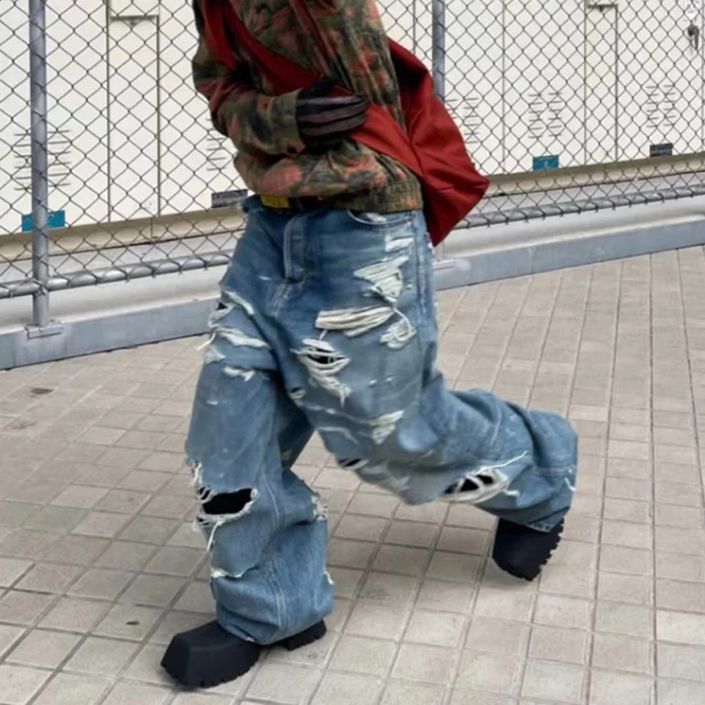 Distressed Washed Blue Baggy Wide Leg Jeans for Men and Women Frayed Casual Denim Trousers Oversized Loose Cargo Pants 240826Z