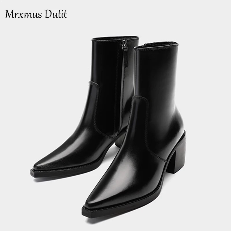 Mrxmus Duty Womens Autumn and Winter Leather Coarse Toe Pointed Boots Simple Fashion Shoes Womens Fashion Shoes 240827