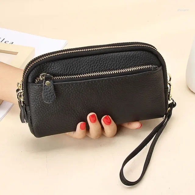 Free Shipping Wallets 2025 Ladies Clutch Purse Cowhide Wristlet Bag Genuine Leather Women Double Zip Wallet Fashion Mobile Phone designer bag Luxury B