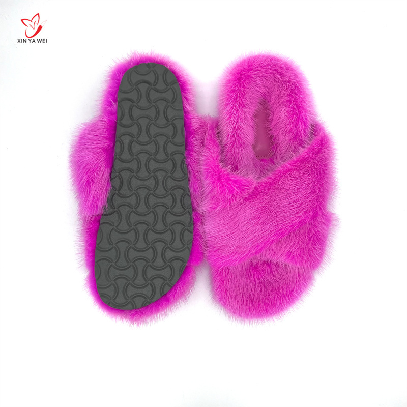 winter womens real mink fur fashion ladies furry women girls flat slippers outside shoes