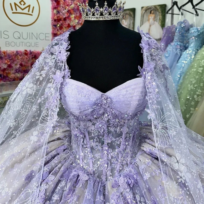 Lilac Illusion Sequined Crystal Ball Gown Quinceanera Dresses With Cape Spaghetti Strap Appliques Tull Corset Vestidos De 15 Anos