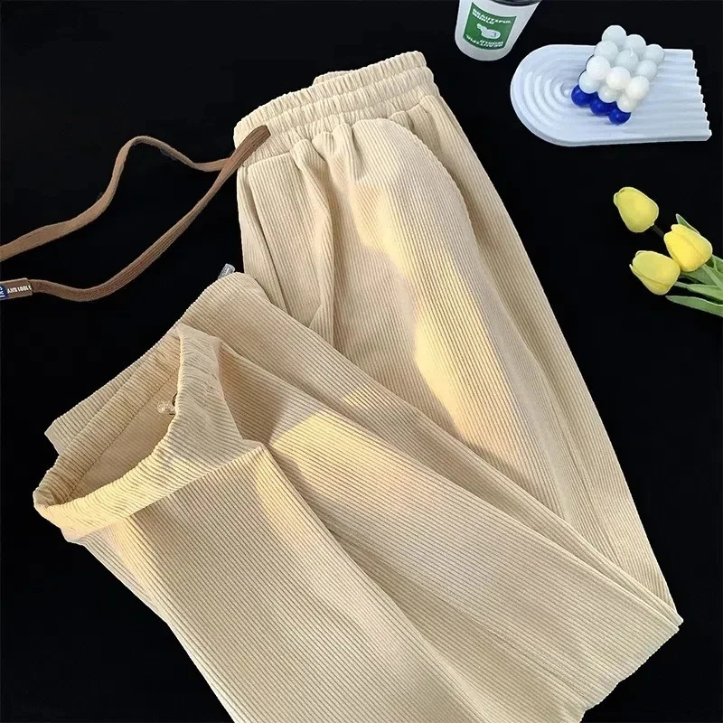 Autumn Fashion Women Corduroy Sweatpants Bf High Waist Drawcord Korean Solid Casual Wide Leg Pants Winter Warm Straight Trousers 240829 - view 5