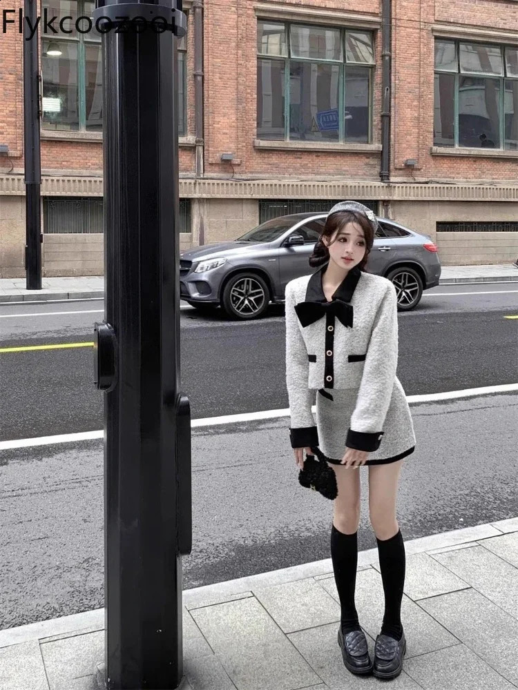 Warm bow wool short coat womens autumnwinter bag Hip Skirt twopiece set Mainland China casual coarse woolen jacket 240828