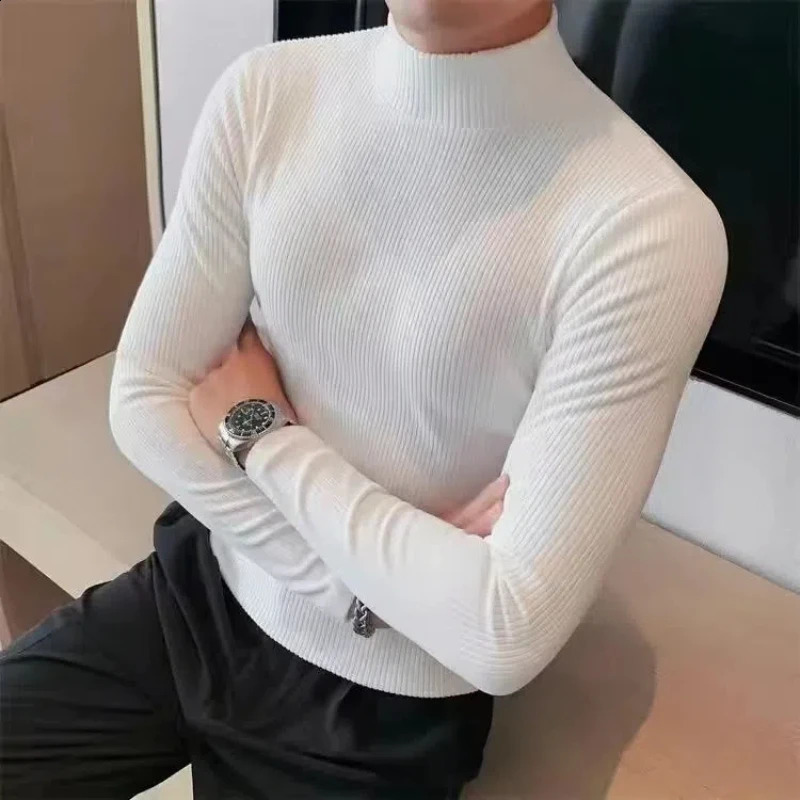 Smart Casual Spring Autumn Mens Solid Plain Collar Korean HighStreet Fashion Long Sleeve Slim Bottom Womens Tshirt Top 240828