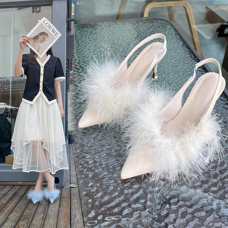 Lace slider womens shoes womens pump solid leather dot lace slider fur high heels summer womens slider 240827