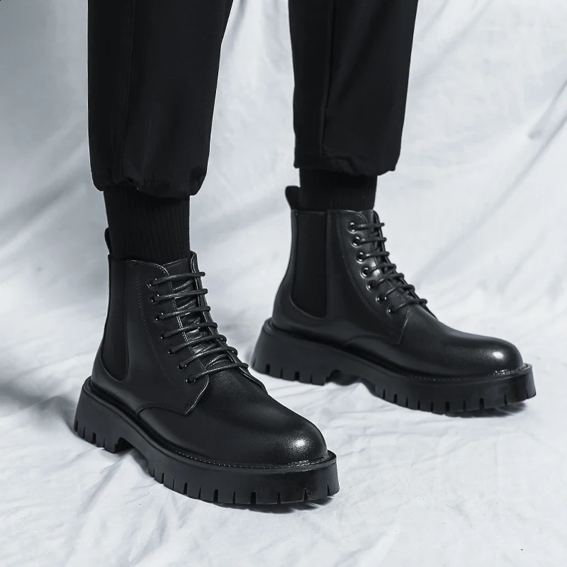 Boots Big Head Leather Autumn and Winter High Top Lacing Thick Sole Durable European Black Sizes 38-44 Men Shoes 240828