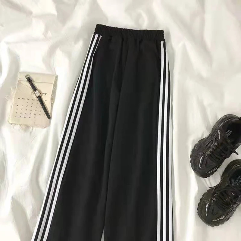 Korean oversized striped sports pants womens high waisted casual wide leg Harajuku Preppy Style loose pocket Trousers 240829