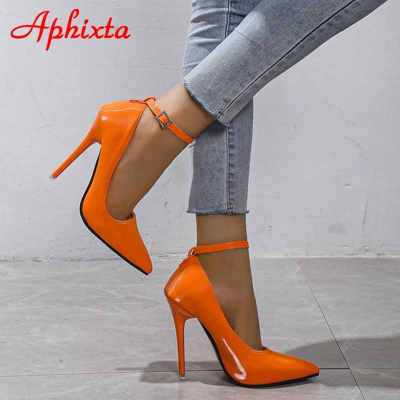High Quality Aphixta Oranges New Luxury Crystal Buckle Pimp for Customers Ultra High 12cm Stiletto Heels Pump for Women Pointed Toe Color Party Pump T