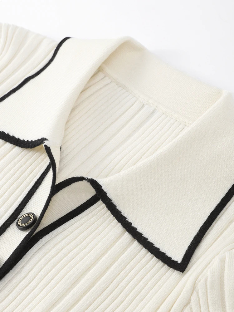 Contrast Ruffled Knitted Dress Women Fashion Autumn Long Sleeve Single Breasted Midi Dresses Lapel High Waist Vestidos 240828