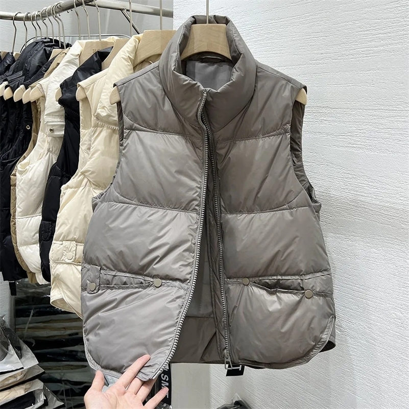 Autumn and winter womens vest jacket ultra light standing collar beige sleeves cotton coat Parka womens warm vest E3 240828