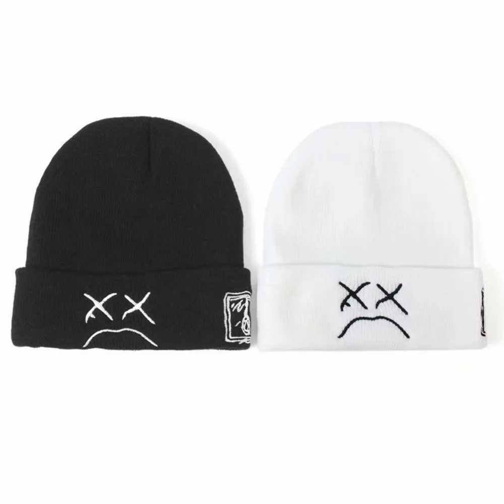 Beanie Knitted Hat Hip Hop Style Embroidered Knitted Hat with Sad Expression Mens Warm Wool Hat and Wenmao Hat X250212