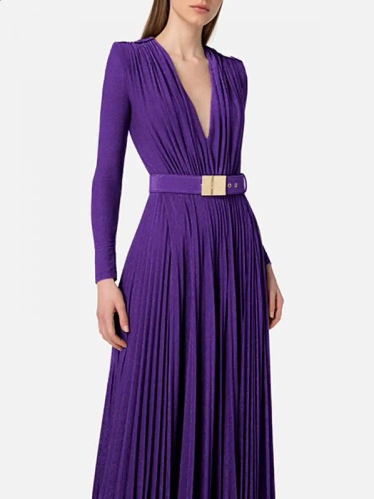 Fashion V-neck Long Sleeves Dress Spring Solid Color Evening Dresses for Women Belted Pleated Split-side Maxi Dress