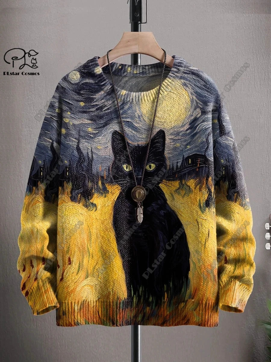 3D printing Halloween series horror ghost skeleton witch black cat pattern ugly sweater street casual winter sports shirt W-1 240829