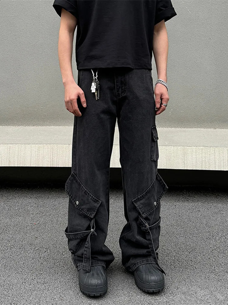 2024 Cyber Y2K Streetwear Black Multi Pockets Baggy Jeans Cargo Pants For Men Clothes Straight Trousers Pantalon Homme 240823