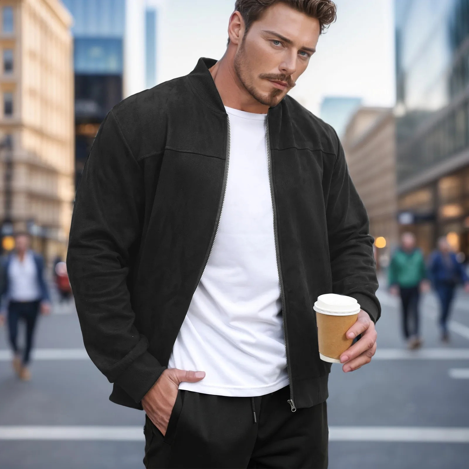 Mens solid color suede lightweight stand up collar zipper cardigan jacket casual loose business comfortable trendy 240829