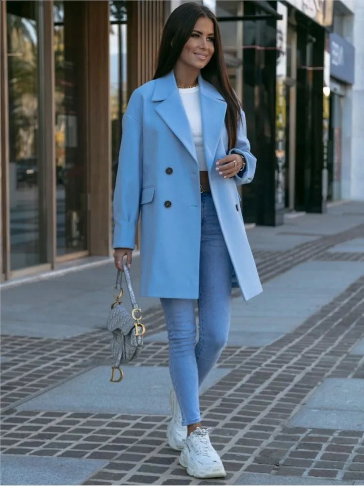 Wool autumn coat womens blue long sleeved fashionable casual womens coat loose womens coat 240828
