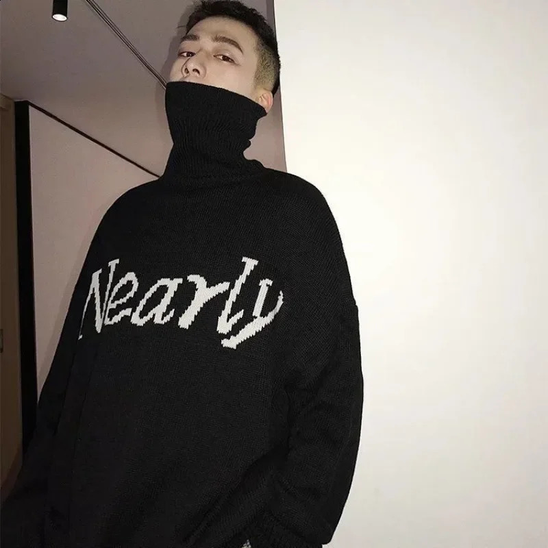 Mens clothing pull-out high neck graphic knitted sweater mens black hooded sweatshirt turtle neck Maltry trend street sales cigars 240829