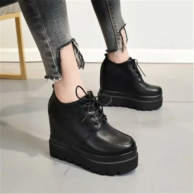 High Platform Patent Leather Casual Shoes Women Autumn Wedge Trainers For Women 12 CM Height Increasing Sneakers Black 240827