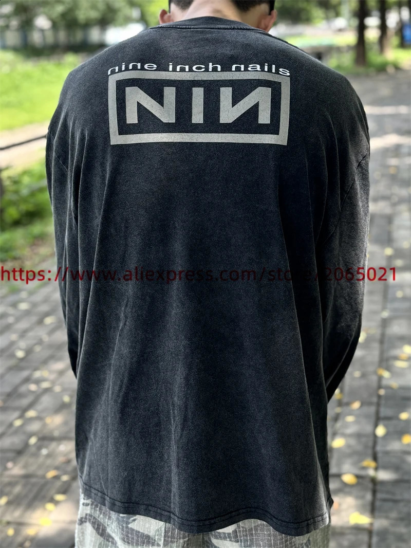 9inch nail retro long sleeved Tshirt mens top wash 240828