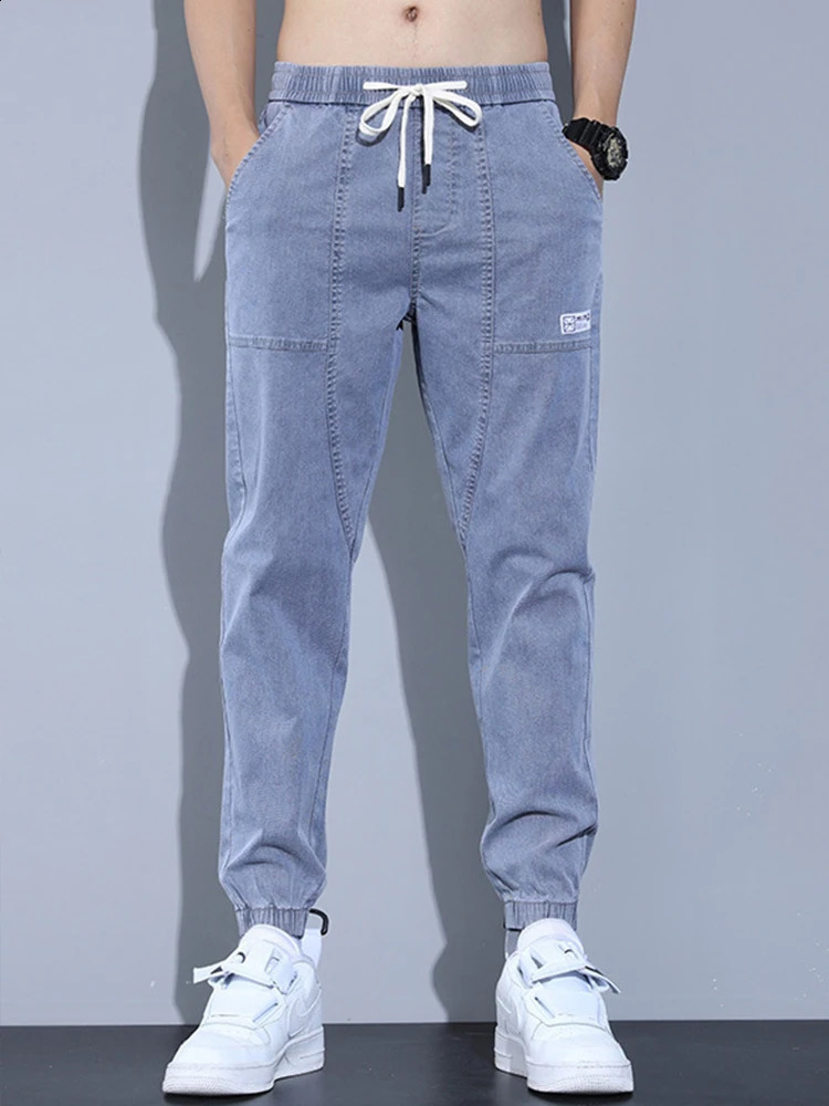 Mens loose long leg label fashionable cut jeans letter printing drawstring denim cargo pants 240829