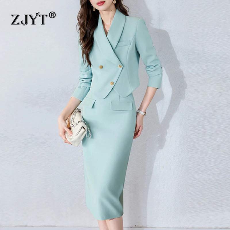 ZJYT Autumn Short Sleeve Jacket Set with Two Piece Womens Dress Green Clothing Office Women Plus Size 3XL 240828