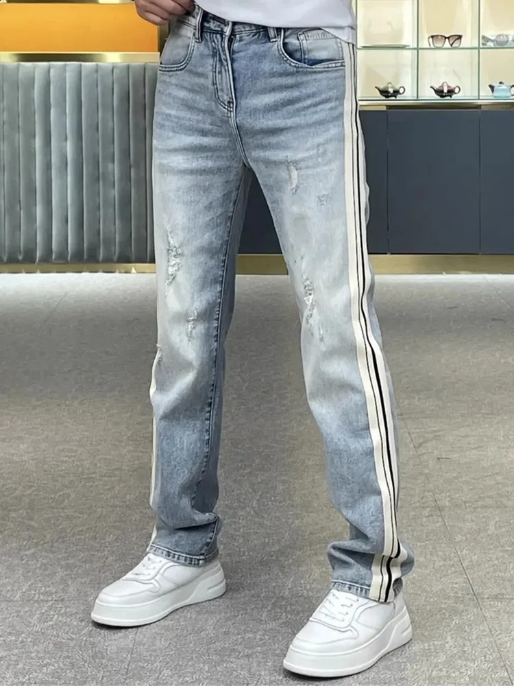 mens straight jeans high-quality washed edge stripes casual denim pants blue hip-hop streetwear mens Trousers 240829