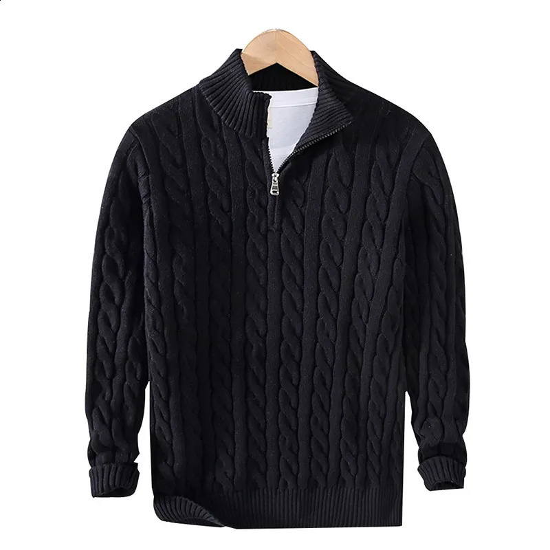 100% pure cotton sweater mens high-quality autumn cable knit Christmas sweater with zipper turtle neck zipper zipper 240829