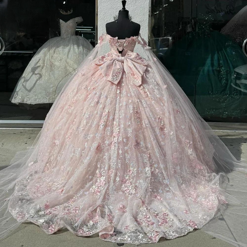 Pink Mexican Quinceanera Dressess With Cape Applique Beads Bow Tull vestido 15 quinceaneras Corset Prom Lace Up