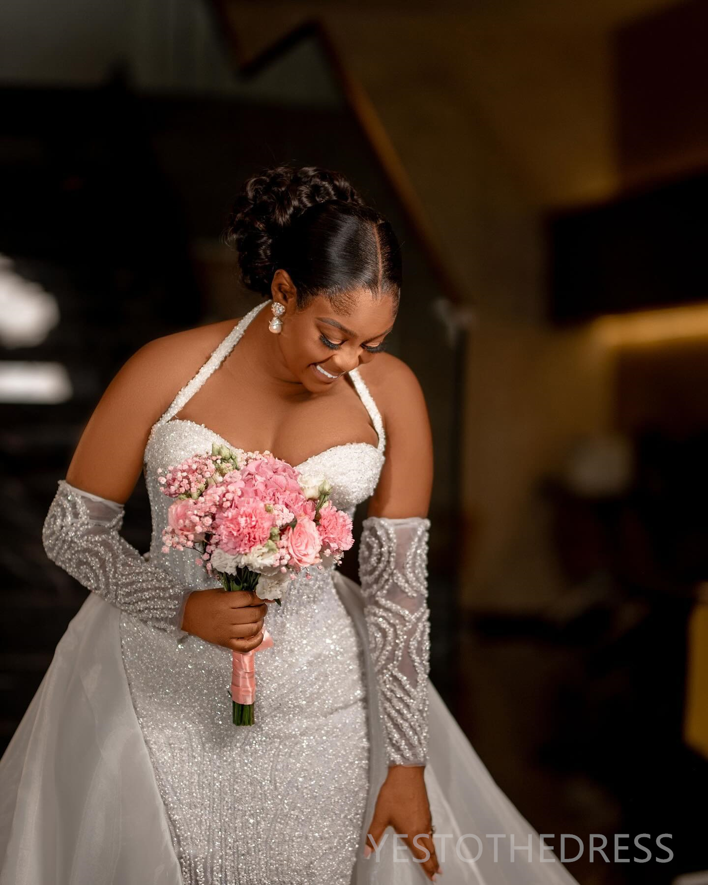 R&W 2024 Plus Size Bride With Detachable Train urious Mermaid Wedding Dress Bridal Gowns Halter Bead Lace Marriage Gown For African Black Women D309