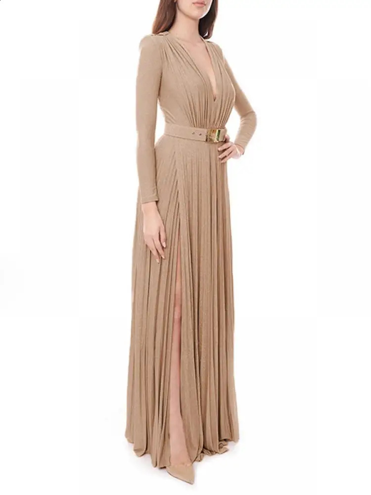 Fashion V-neck Long Sleeves Dress Spring Solid Color Evening Dresses for Women Belted Pleated Split-side Maxi Dress