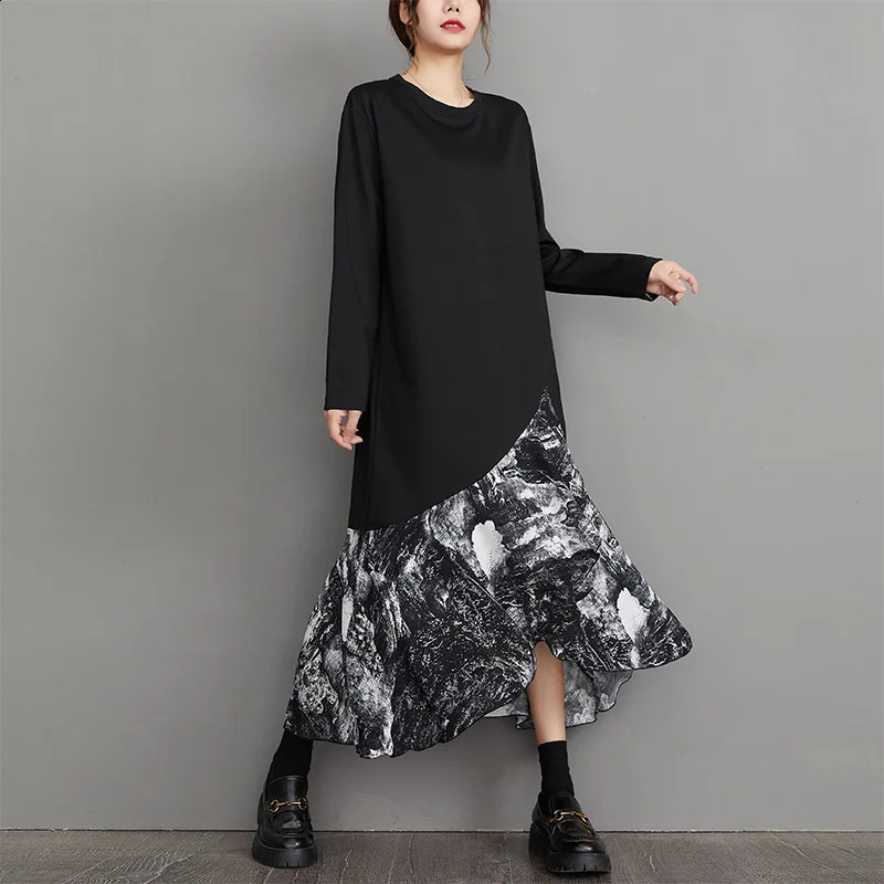 Wxw3347 Black Asymmetric Ruffle Midi Dress Womens Loose Long Sleeve Cotton Patch Work Aline 240828
