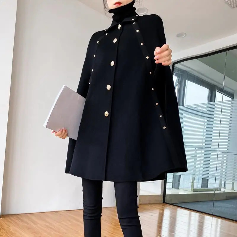 High Quality Black Cape Woolen Shawl Coat Korean Women Autumn Winter Mid-Length Loose Vintage Golden Button Cloak Wool Coat 240828